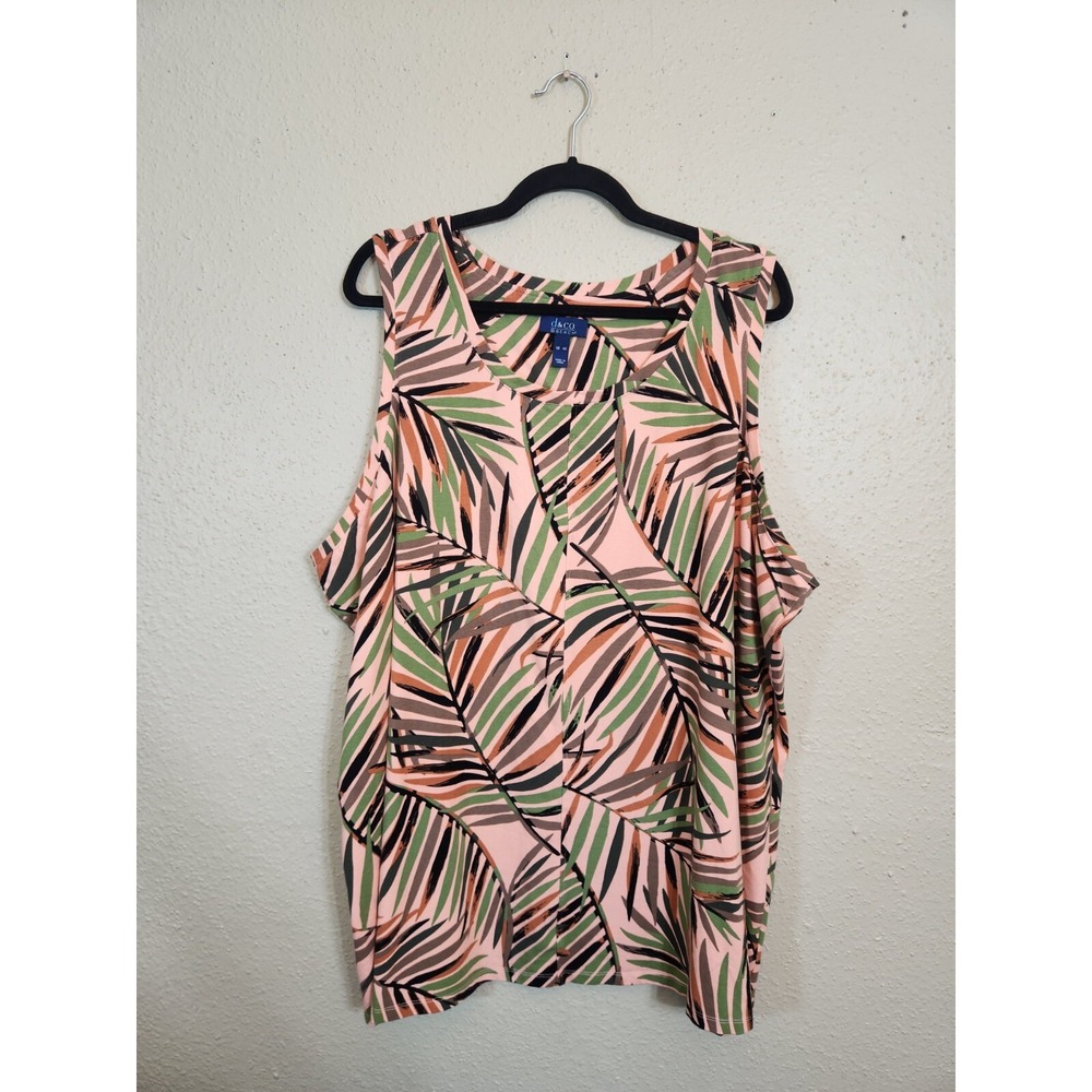 Denim & Co Beach‎ Tank Top Peach Tropical Palm Women 4X Sleeveless Scoop Neck